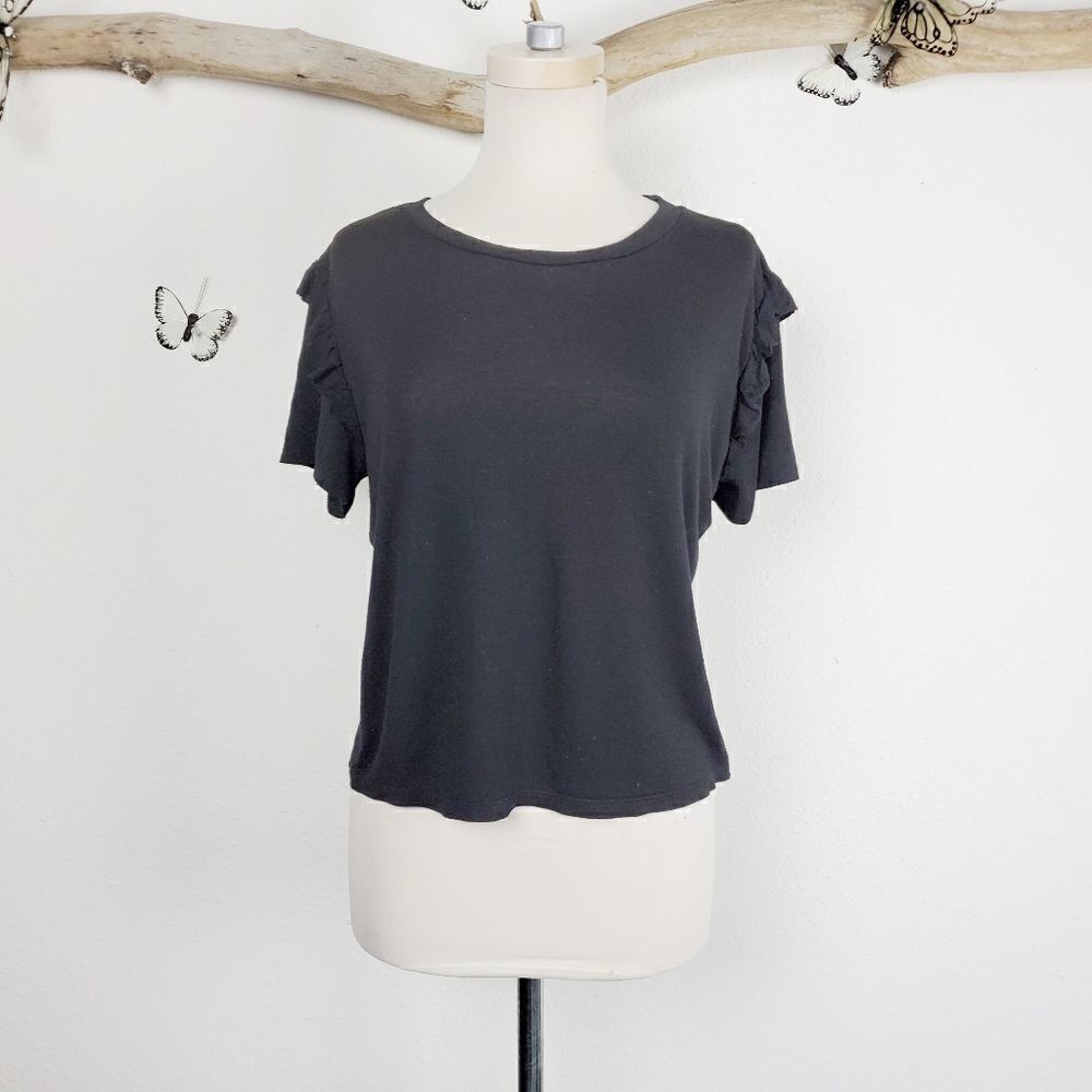Top shop black ruffle sleeve short sleeve tee